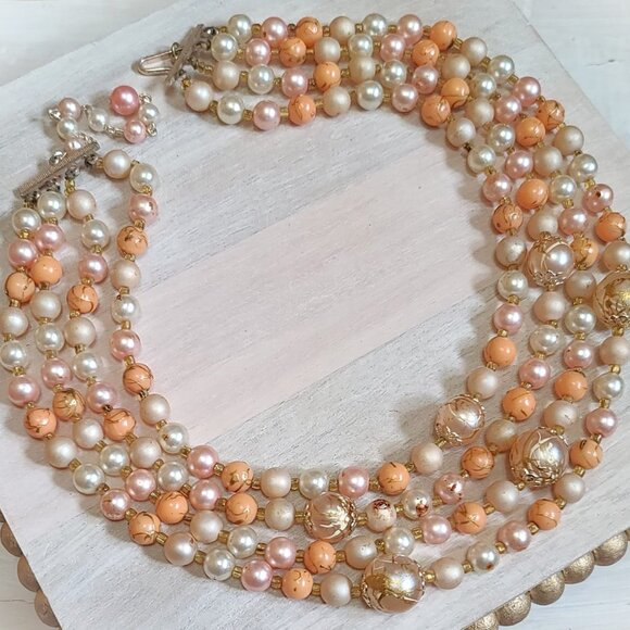 4 Row vintage beaded necklace with pinks,peach and orange hues - Picture 2 of 2
